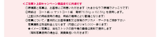 ＜ご注意＞上記キャンペーン商品全てに共通です　①原稿案と写真は、お客様にご用意いただきます（大まかなラフ原稿でけっこうです）　②用紙は　コート紙 or マットコート紙　菊版76.5Kg or 62.5Kg を使用します。　（上記以外の用紙使用の場合、用紙の種類により割増となります）　③写真について／基本的にお客様撮影又は保有のデジカメ・データをご持参下さい。　　写真撮影は別途料金となります（内容により￥5,000〜承ります）　★イメージ写真は、当社ストックの数千種の画像は無料で提供します　（有料写真使用の場合は、実費負担いただきます）