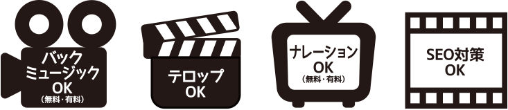 バックミュージックOK（無料・有料）
テロップOK
ナレーションOK（無料・有料）
SEO対策OK